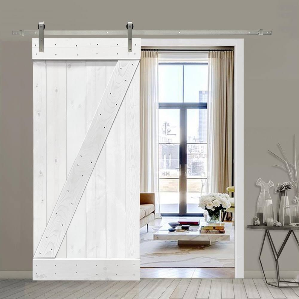 White Stained Wood Interior Sliding Barn Door with Hardware Kit P279357
