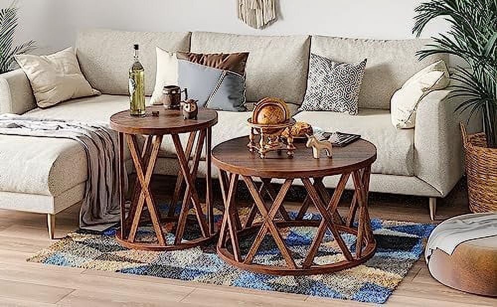 Farmhouse Round End Table with X-Motifs Legs Wood Textured Top J437456
