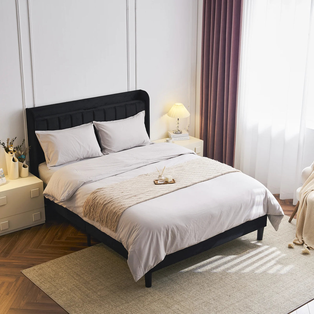 Queen Bed Frame with Charging Station and Upholstered Headboard M743270