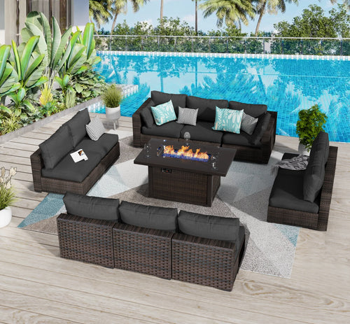 11 PCS Black Wicker Patio Furniture Set with Fire Pit Table E7040