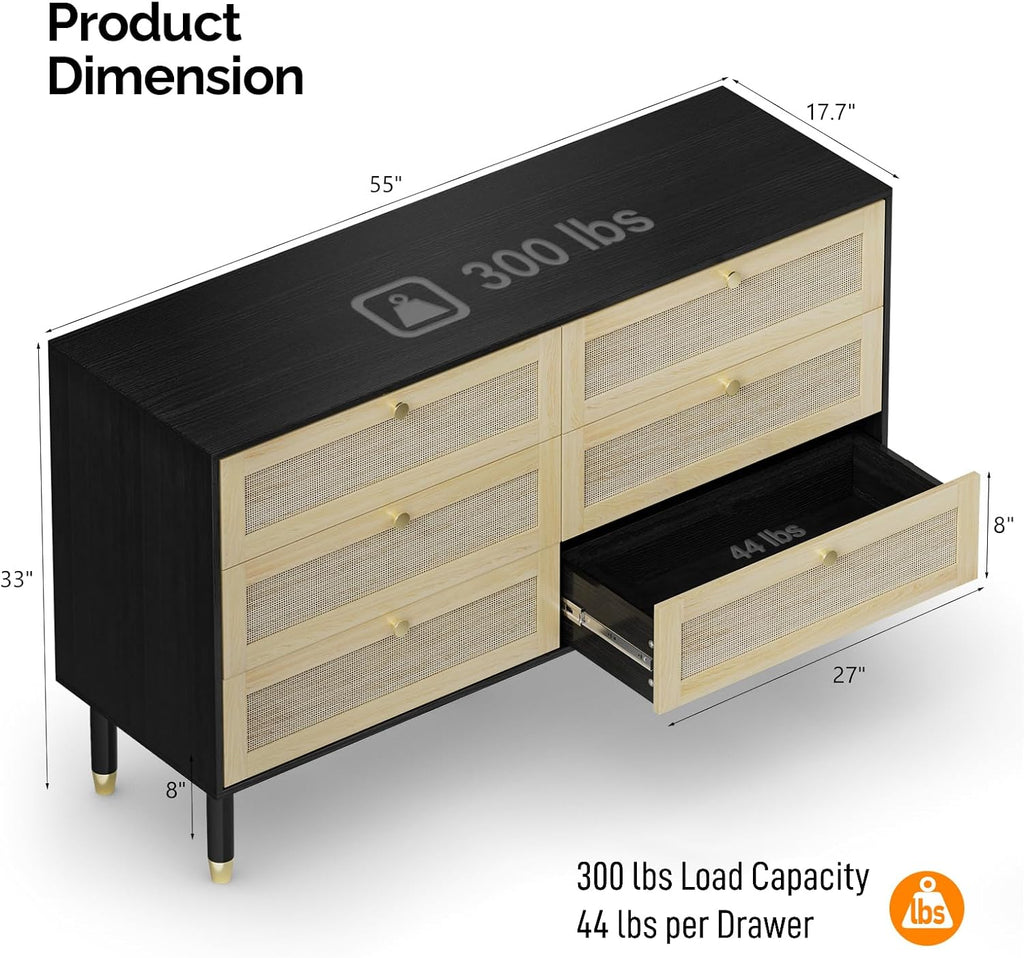Black 6 Drawer Rattan Wood Dresser V389102
