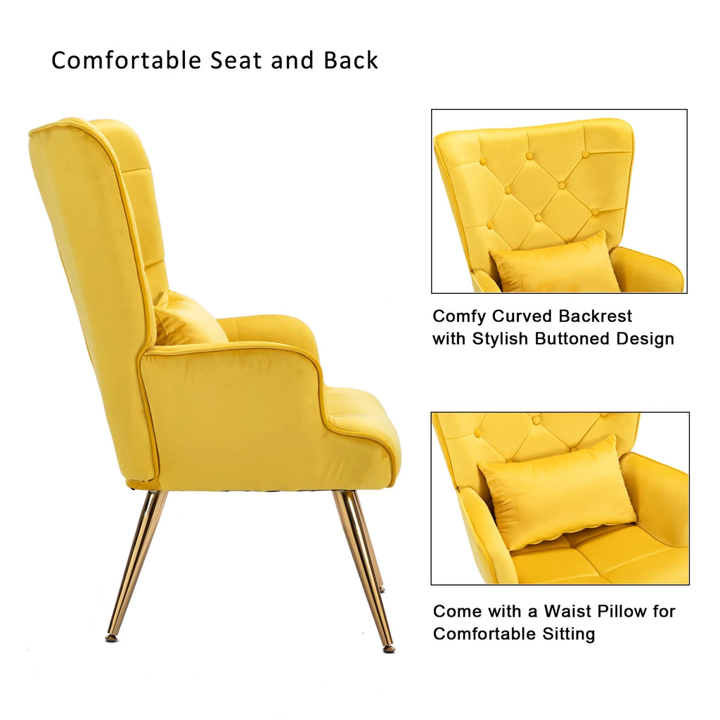 Yellow Velvet Wing Back Accent Chair with Pillow X979728