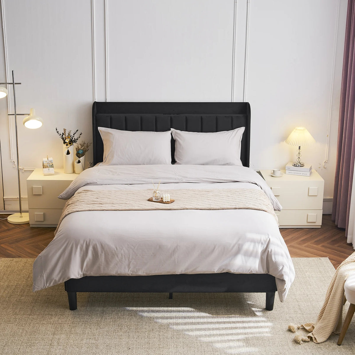 Queen Bed Frame with Charging Station and Upholstered Headboard M743270