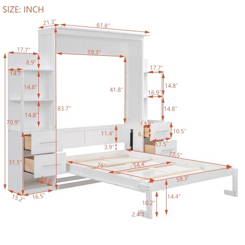 White Full Murphy Bed with Storage Shelves and Drawers W12828