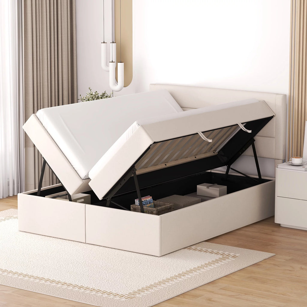 Beige Full Size Upholstery Platform Bed with Lift up Storage K8101