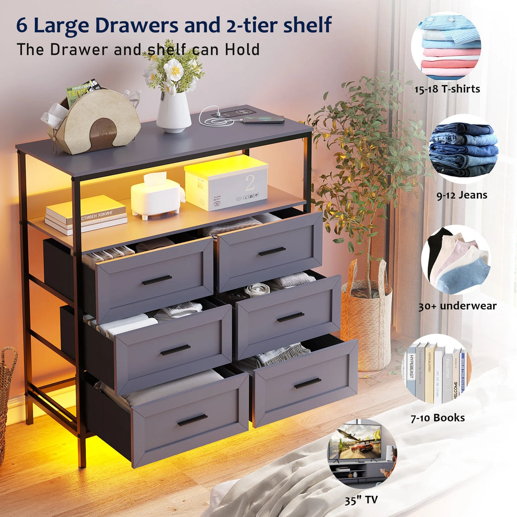 Dark Grey 6 Drawer Dresser with Charging Station and LED Lights I6053