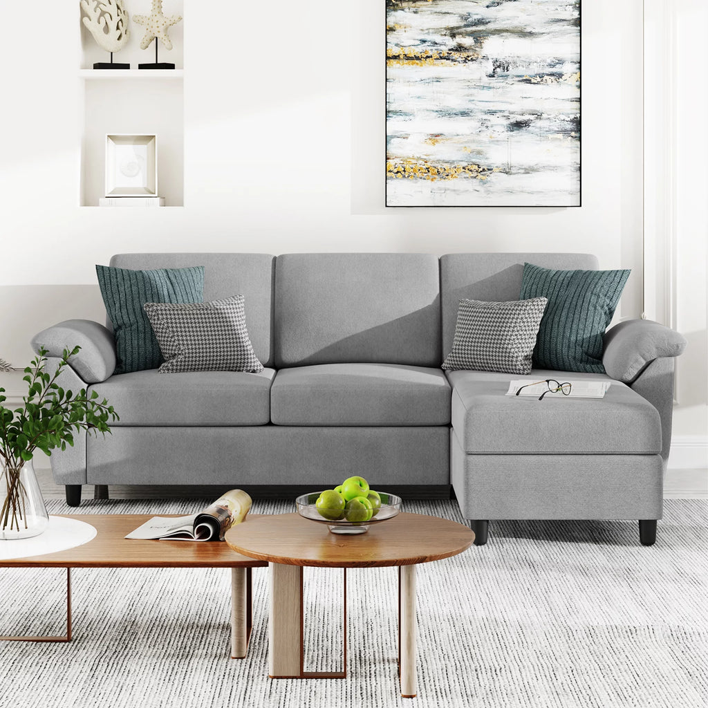 79 Convertible Sectional Sofa Linen Fabric L Shaped Sofa with Removable Pillows Dark Gray O36491