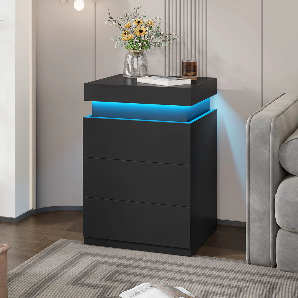 Black LED Nightstands Set of 2 with Charging Station and 3 Drawers Q8694