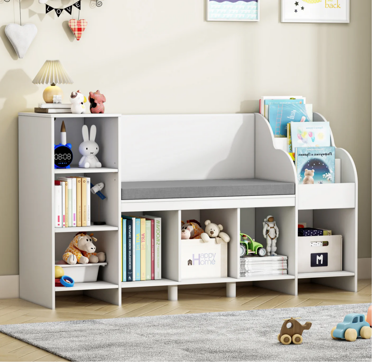 White 2 Seats 7 Cube Kids Bookshelf with Reading Nook L15144