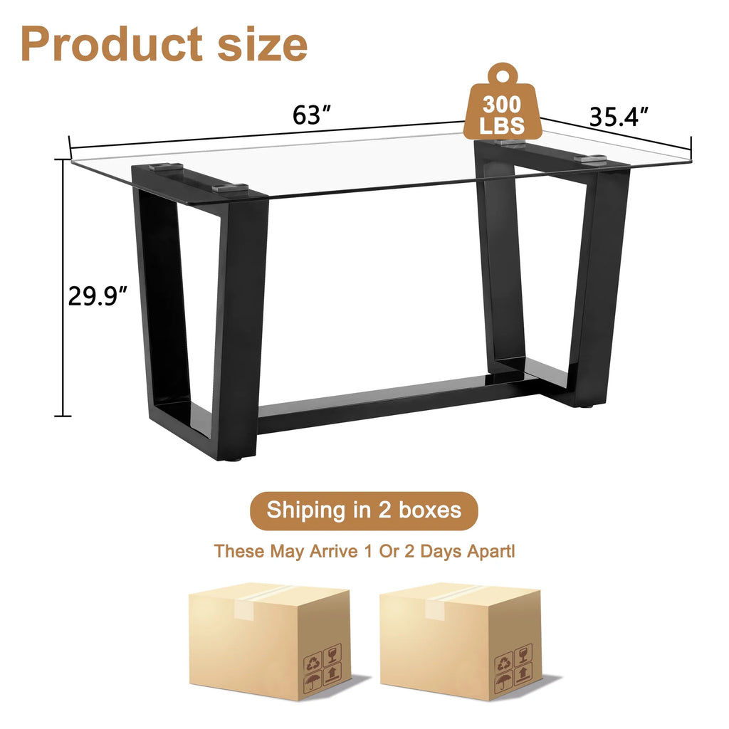 63" Rectangular Tempered Glass Dining Table with Black MDF Legs H632