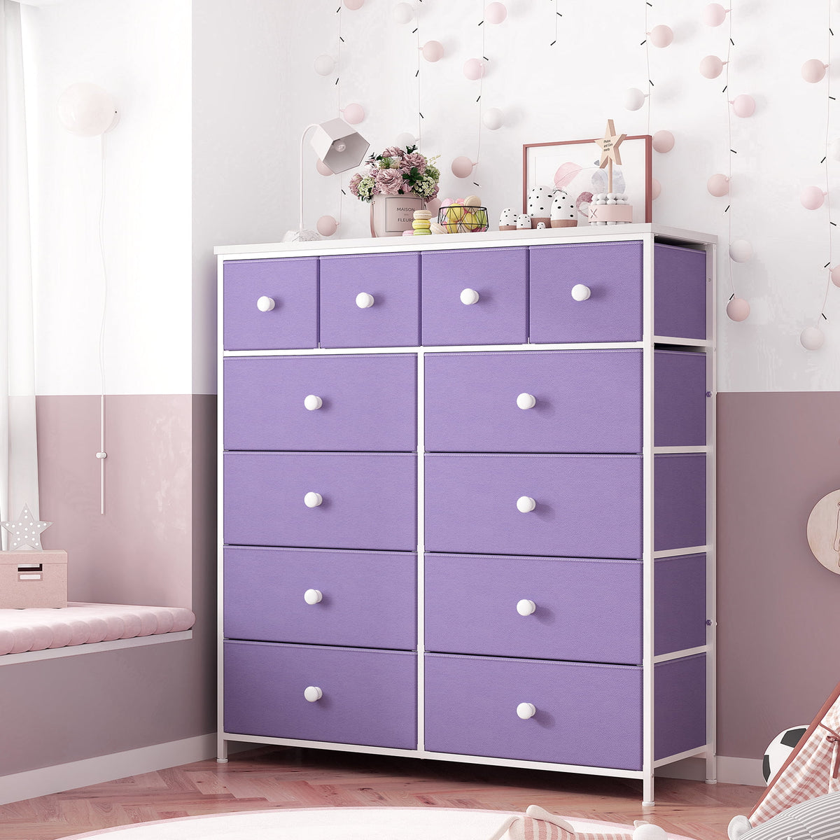 Pink 12 Fabric Drawer Dresser with Wood Top I91230