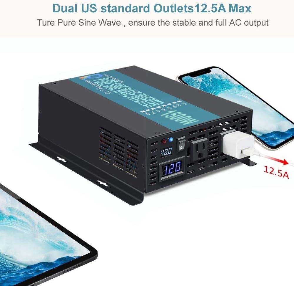 1500W Pure Sine Wave Power Inverter with 2 AC Outlets E3549