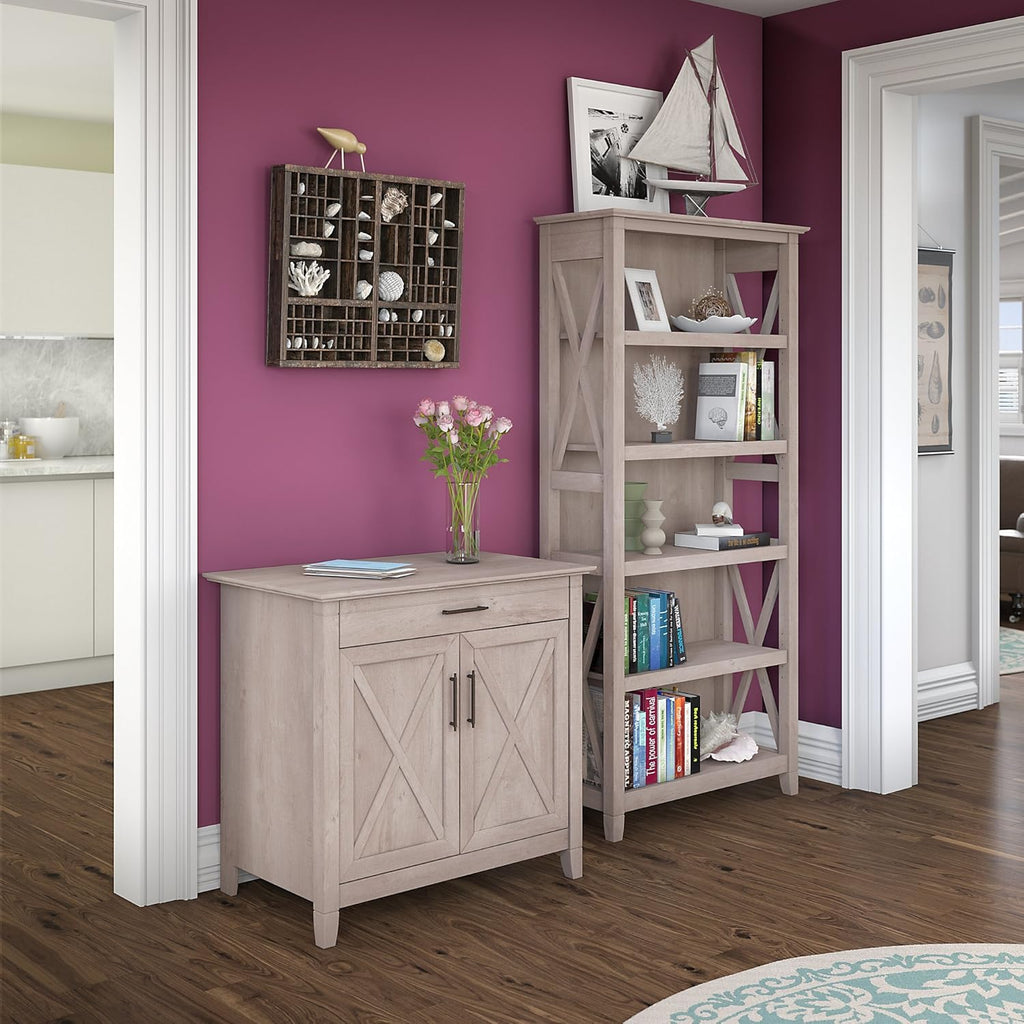 Pure White Oak Secretary Desk with Storage and 5 Shelf Bookcase A9317