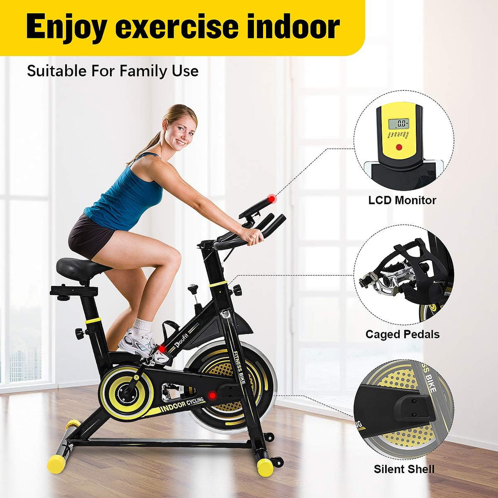 Indoor Cycling Bike Stationary Exercise Bike with LCD Monitor and Clip in Pedals H457