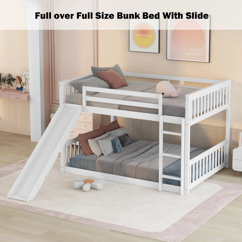 White Full over Full Wood Bunk Bed with Slide and Ladder V74605