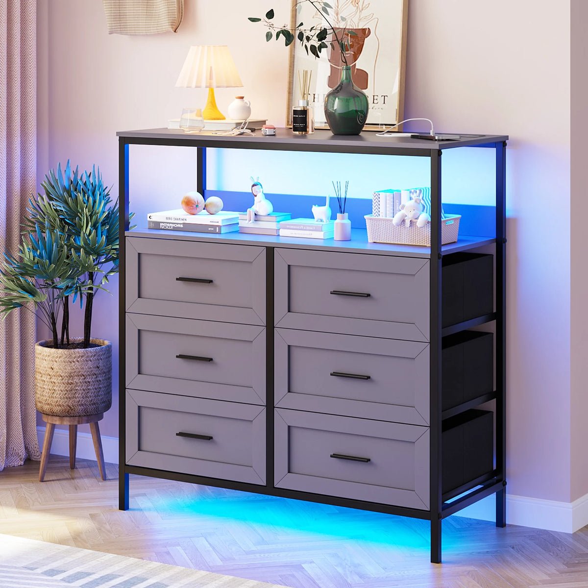 Dark Grey 6 Drawer Dresser with Charging Station and LED Lights I6053