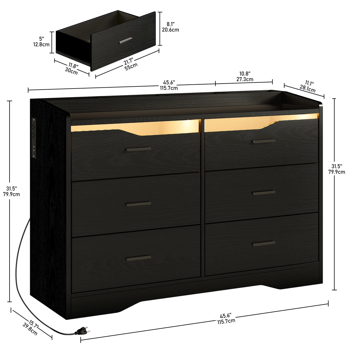 White 6 Drawer Dresser with LED Lights and Charging Station Z81184