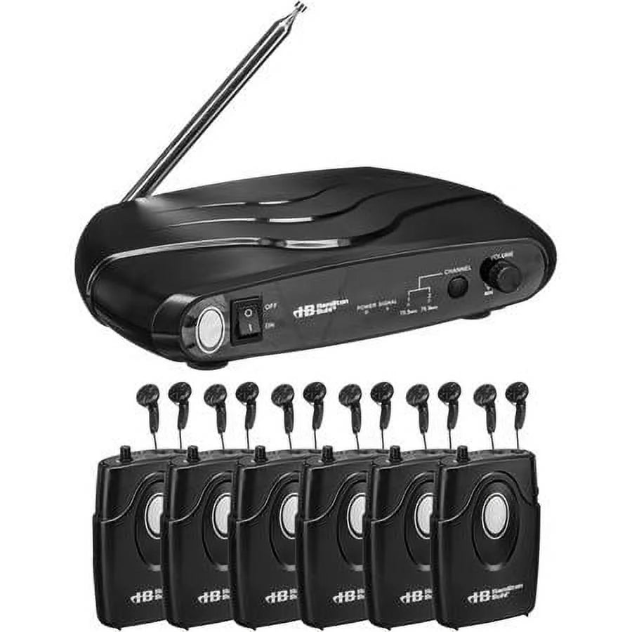 Assistive Listening Dual Frequency System with Transmitter, 6x Receiver, 6x Earbuds, Carrying Case T1792