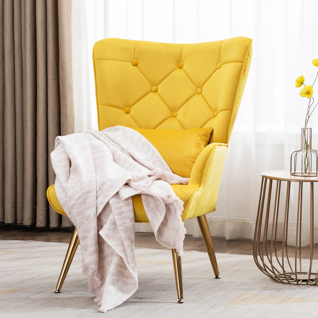 Yellow Velvet Wing Back Accent Chair with Pillow X979728