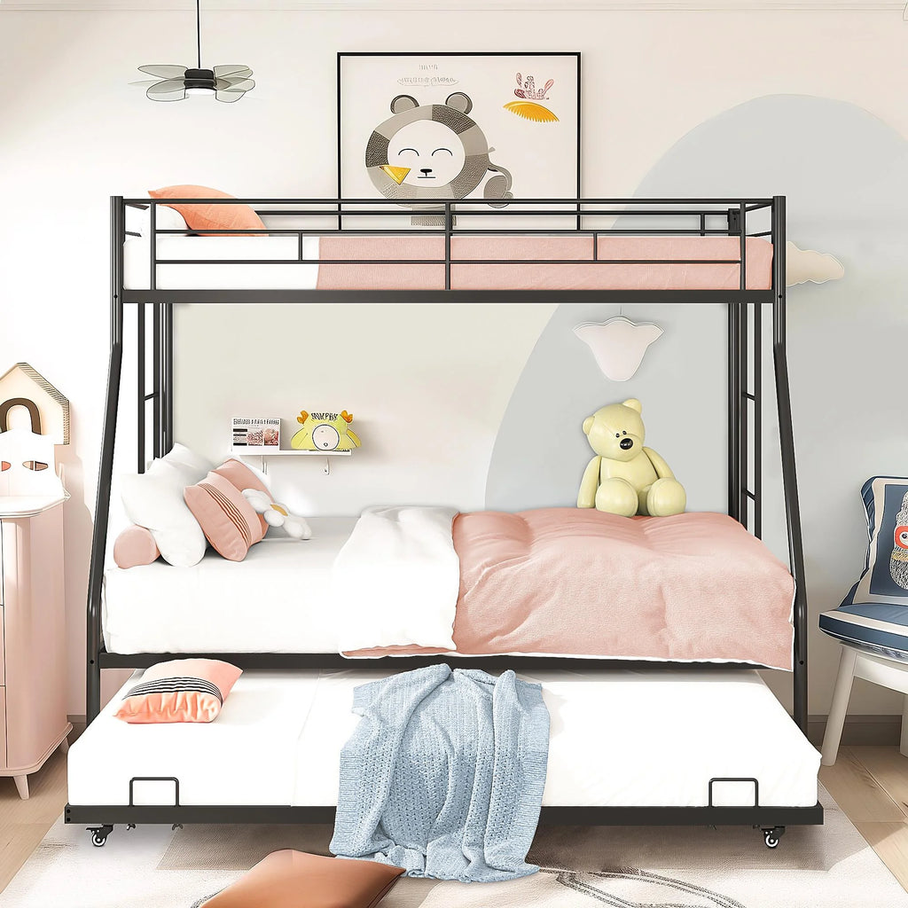 Black Metal Twin Over Twin Bunk Bed with Trundle Q97265