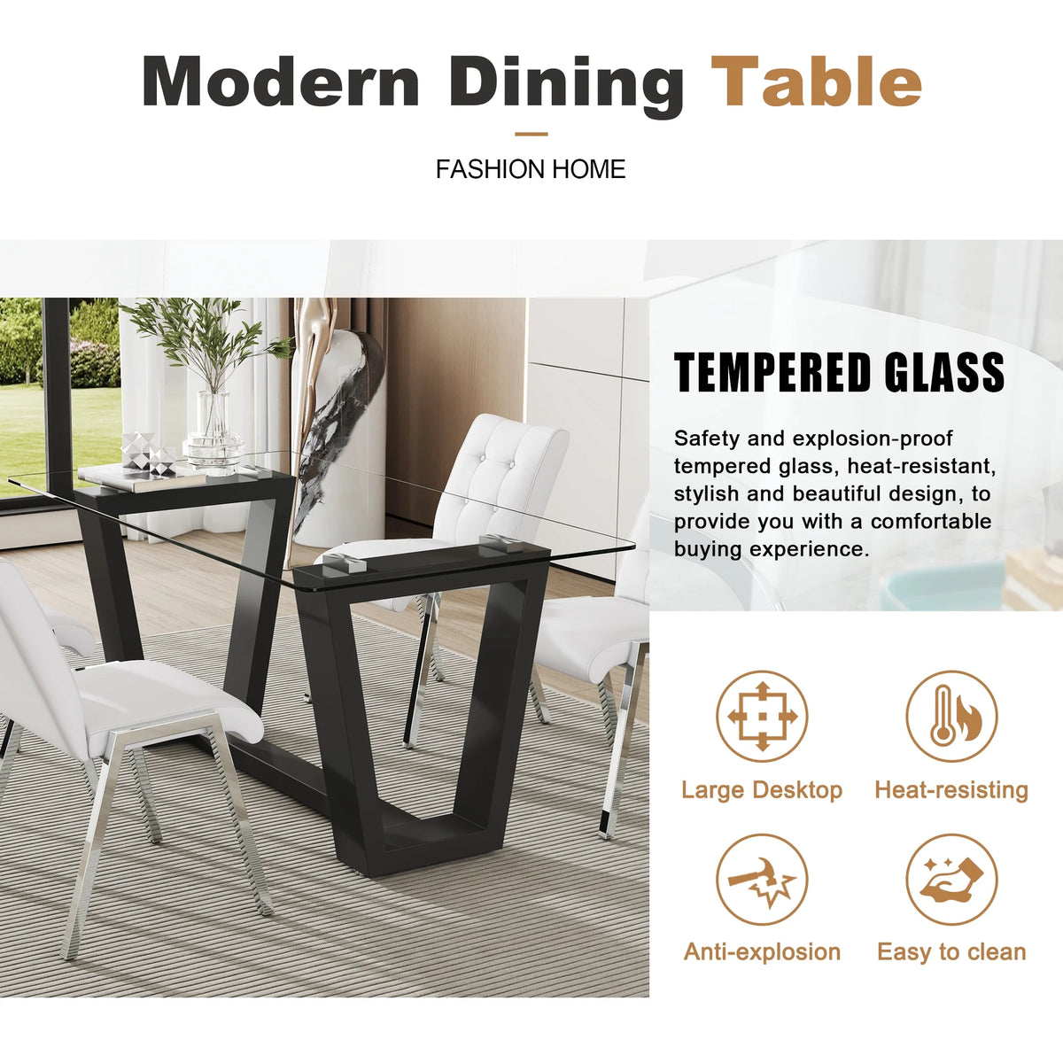 63" Rectangular Tempered Glass Dining Table with Black MDF Legs H632