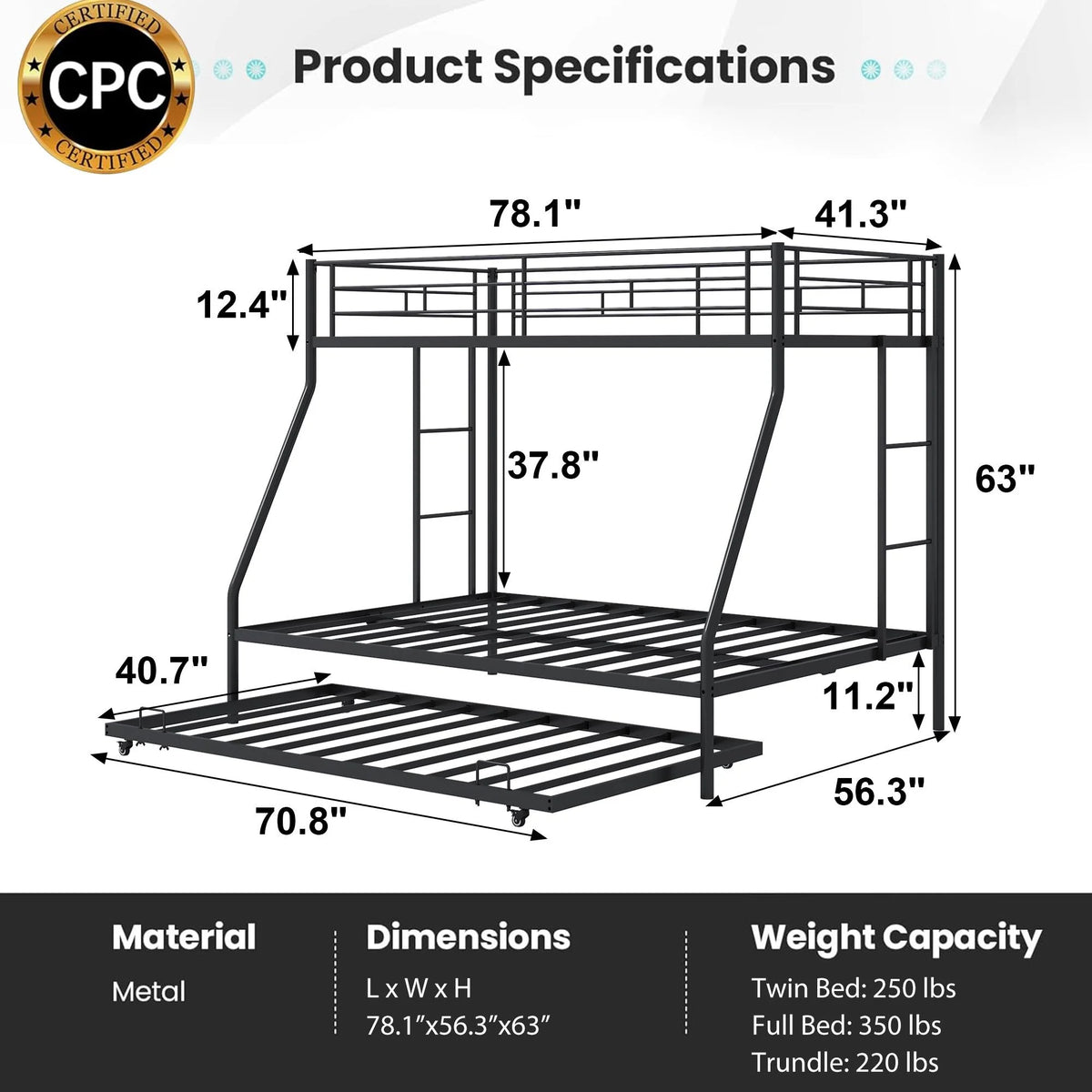 Black Metal Twin Over Twin Bunk Bed with Trundle Q97265