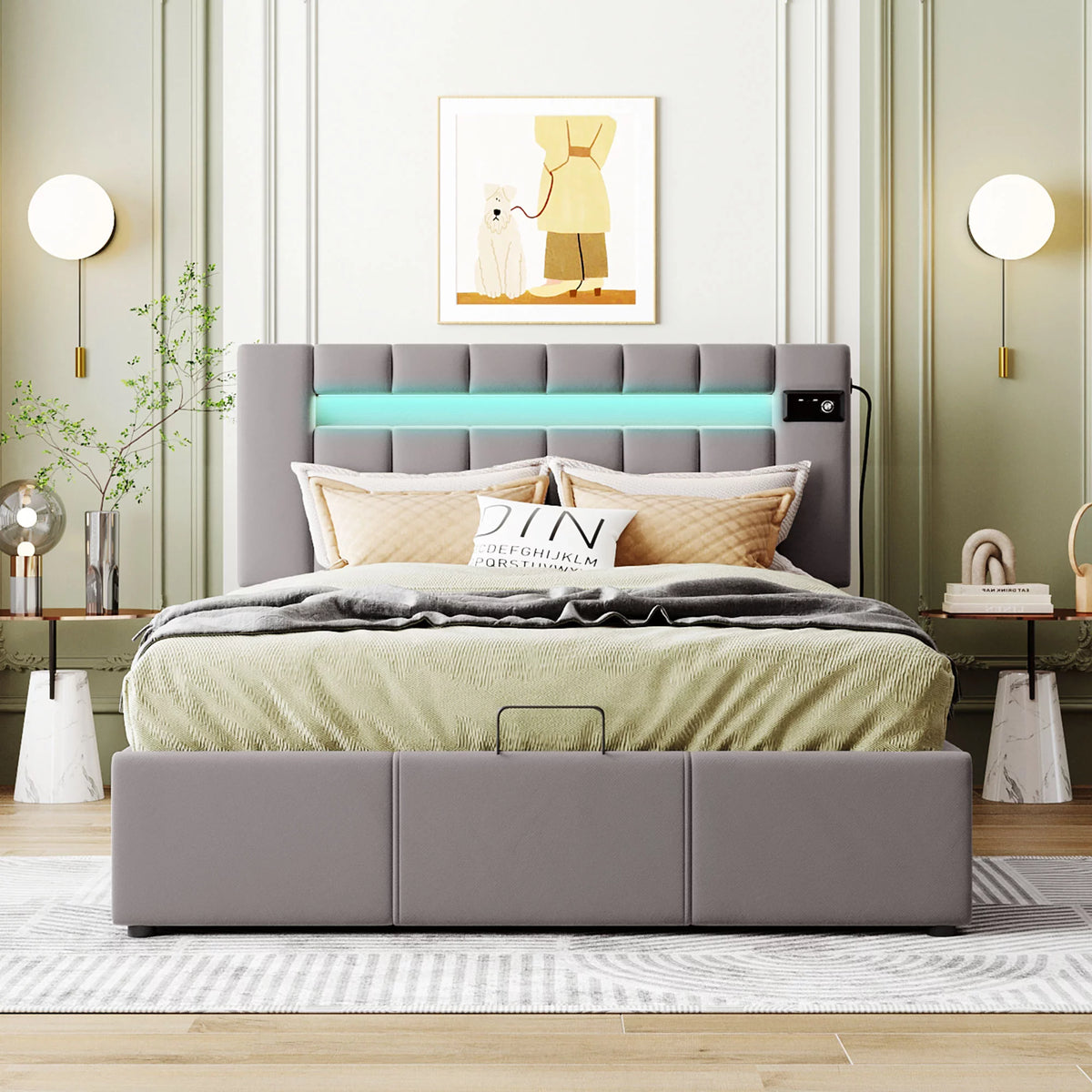 Full Size Velvet Upholstered Platform Bed with Storage and LED Light V524
