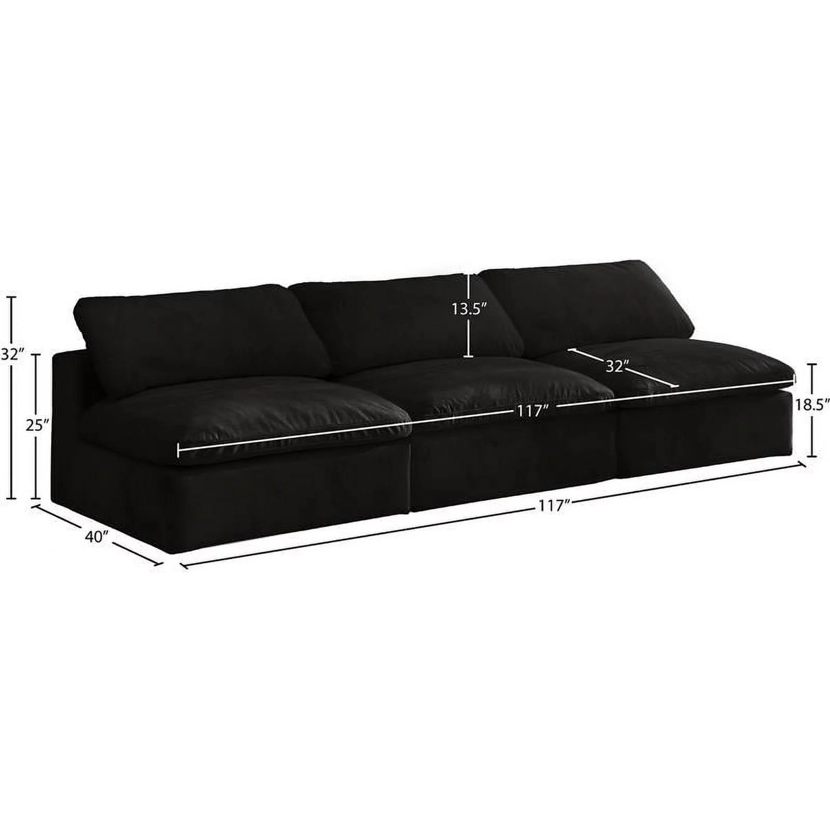 Black Velvet Modular 3 Piece Armless Sofa W688818