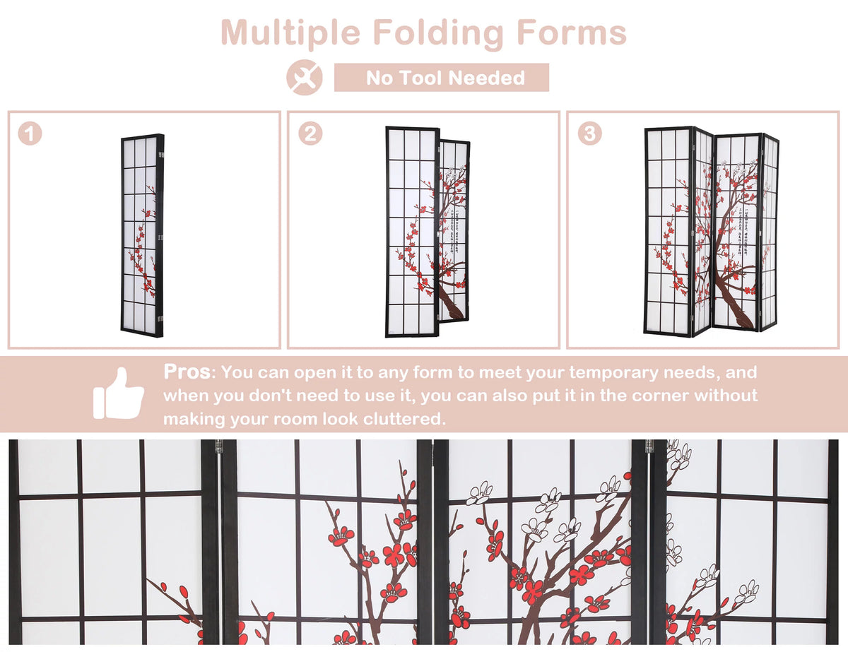 4 Panel 6Ft Wood Folding Privacy Screen T4396