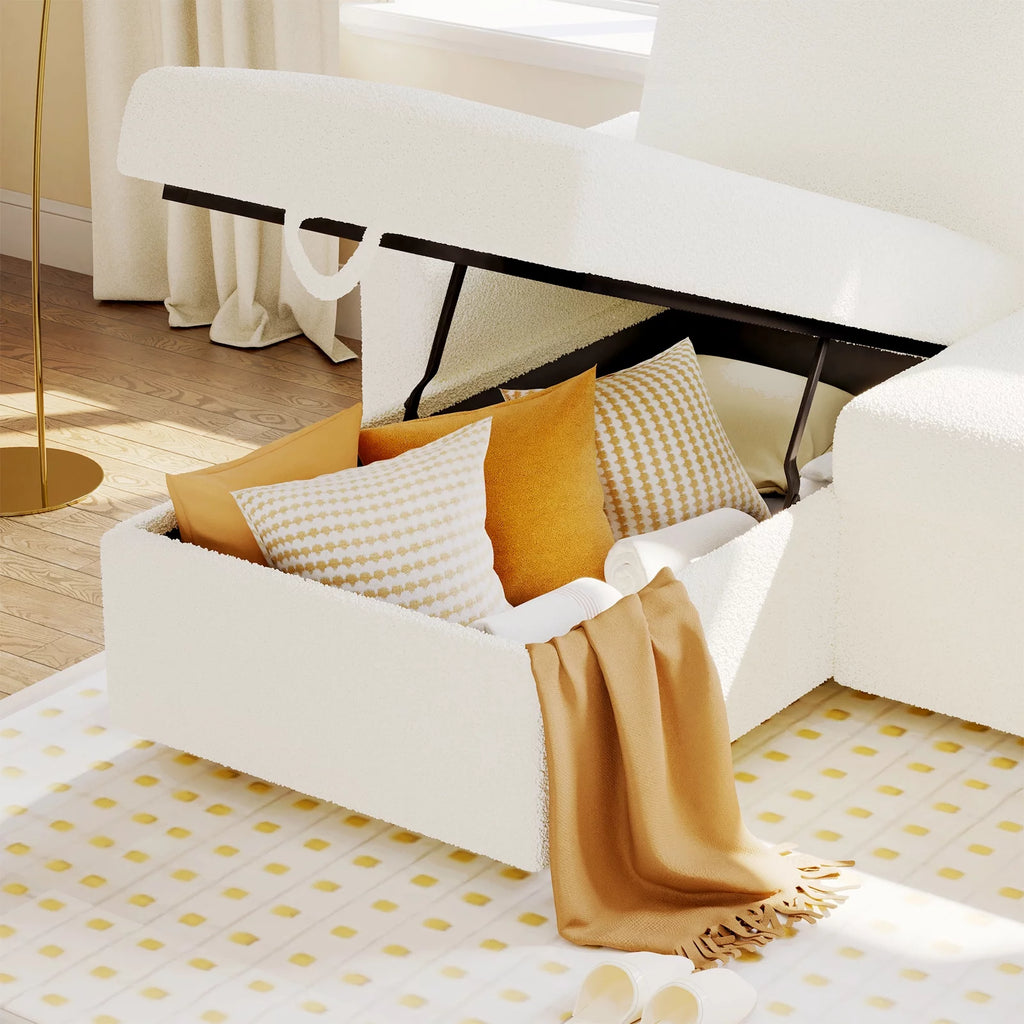 White Sherpa Sofa Bed with Storage Chaise V6805