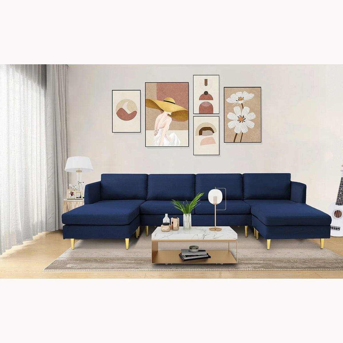 Navy Blue Convertible Sectional Sofa with Metal Legs P11534