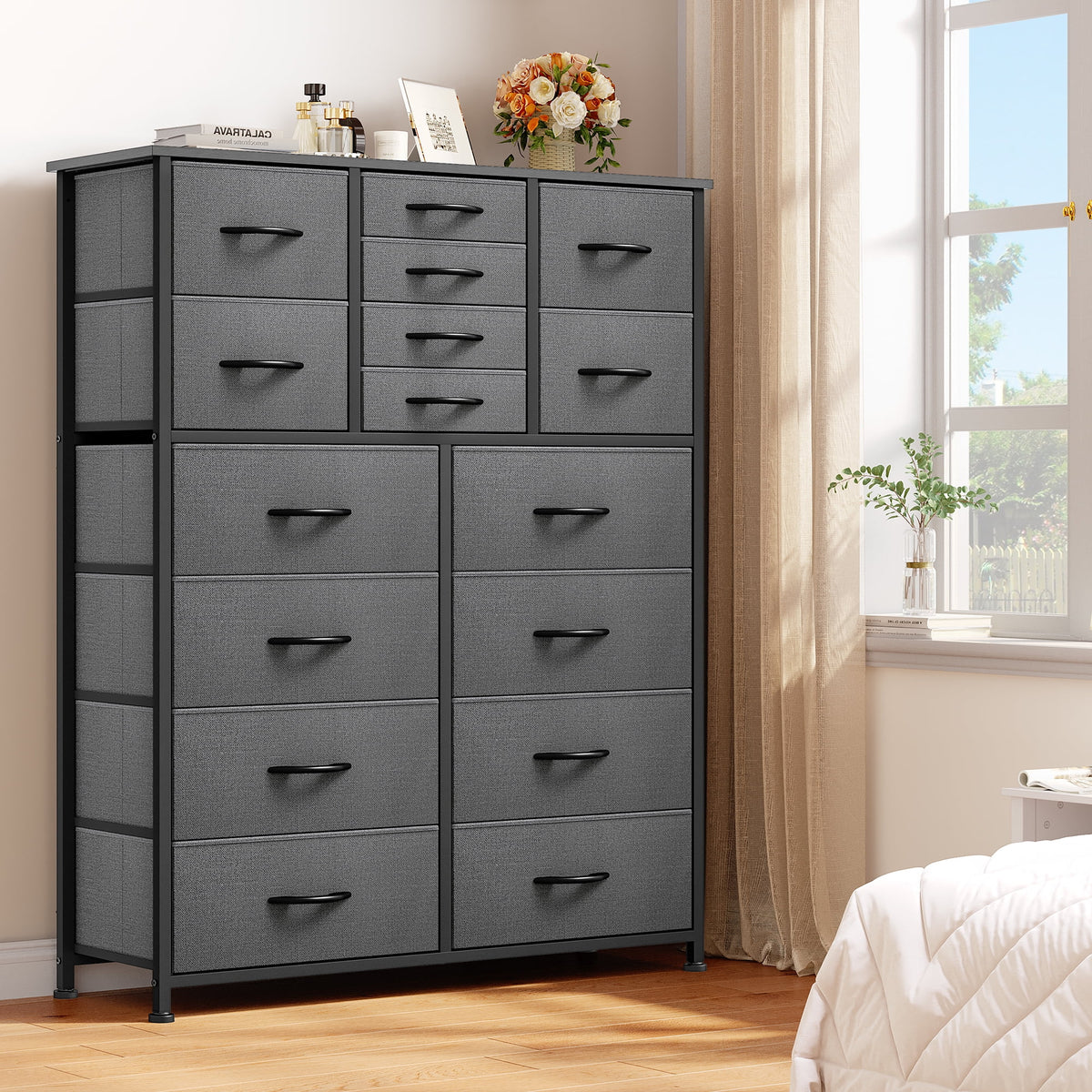 16 Drawer Fabric Dresser with Metal Frame and Wooden Top B6490