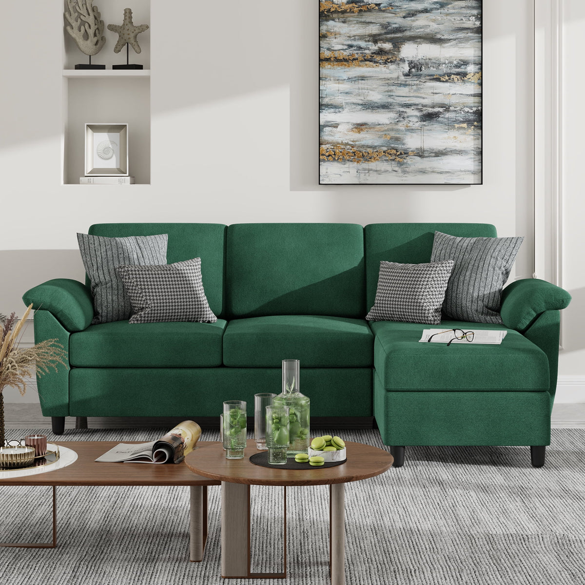 79 Convertible Sectional Sofa Linen Fabric L Shaped Sofa with Removable Pillows Dark Gray O36491