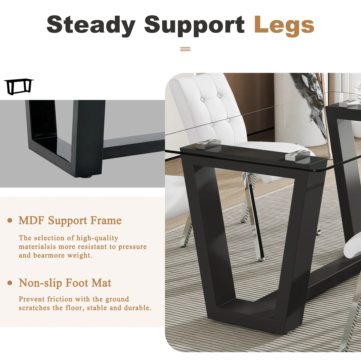 63" Rectangular Tempered Glass Dining Table with Black MDF Legs H632