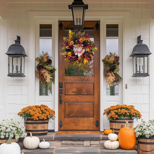 24" Fall Wreath with Pumpkins, Maple Leaves & Timer LED Lights W71762
