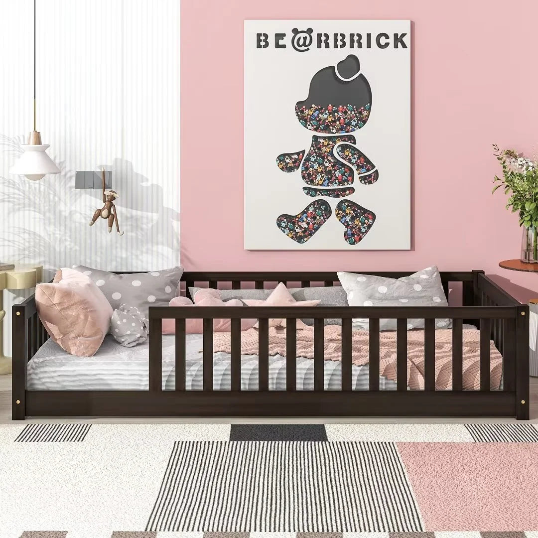 White Full Size Floor Bed with Fence Guardrails and Roof V98970