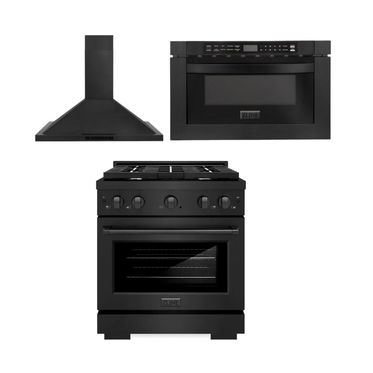 30 in. Black Stainless Steel Gas Range, Range Hood and Microwave Drawer D971