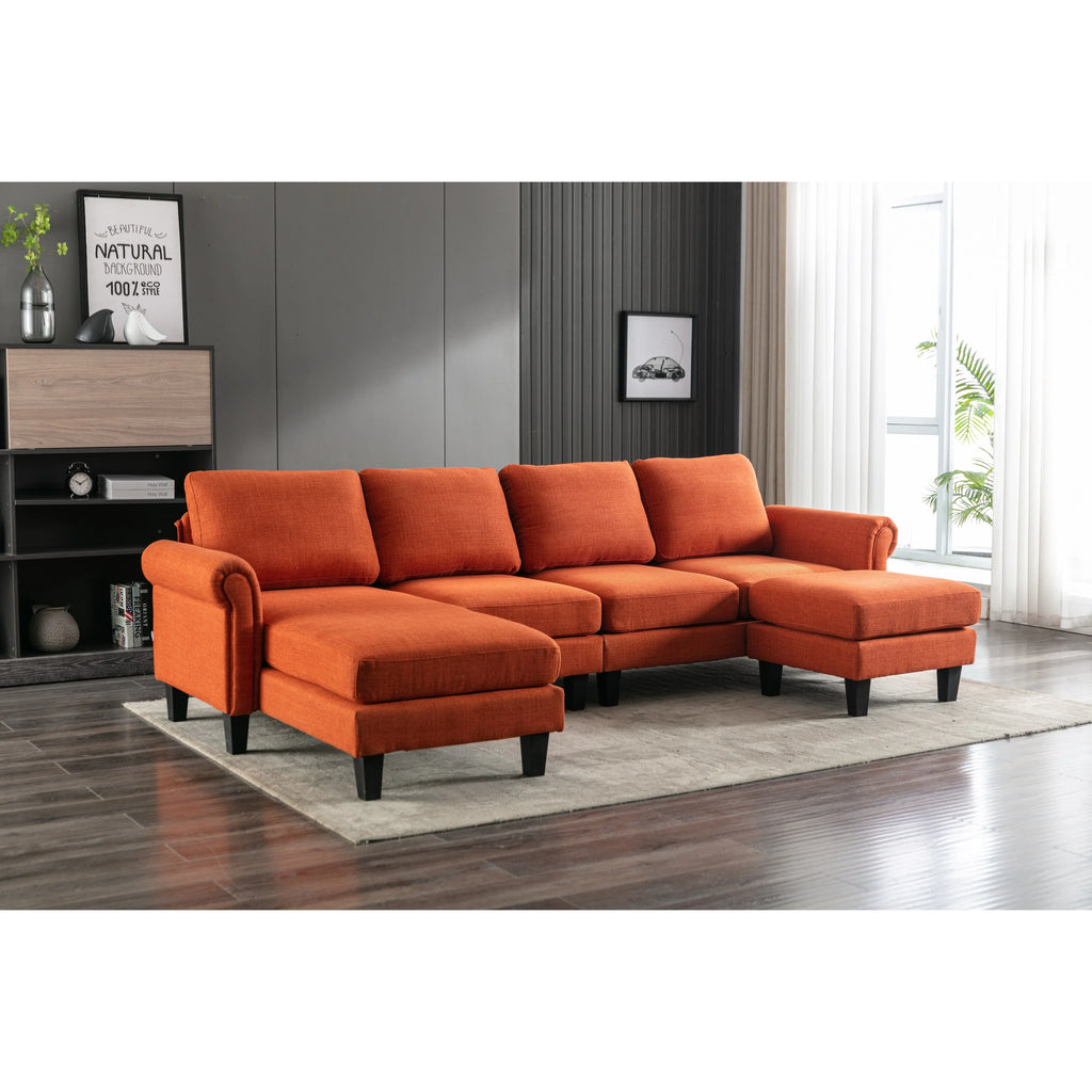 U Shape Convertible Sectional Sofa Set Linen Fabric with Reversible Ottoman Q911