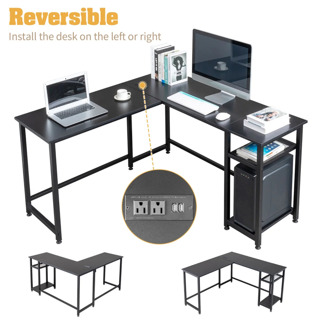 L-Shaped Computer Desk with Power Outlets & Shelf I3620