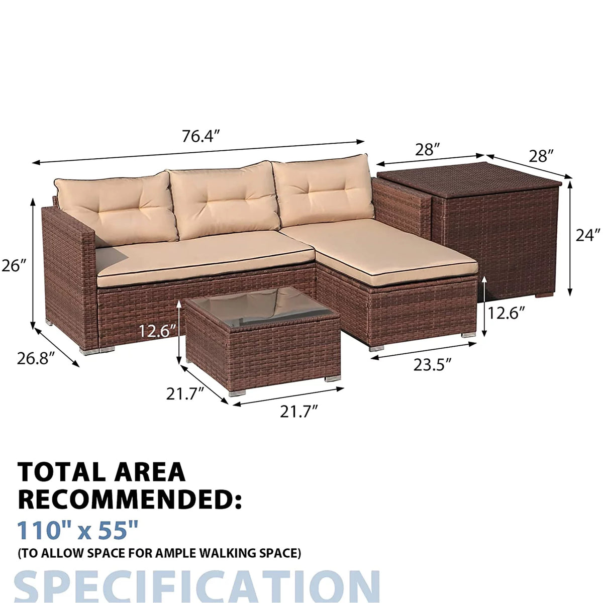 Brown Wicker Patio Sofa Set with Coffee Table X413