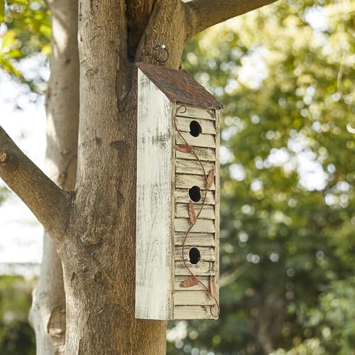 18" Hanging Washed White Distressed Solid Wood Birdhouse M790987