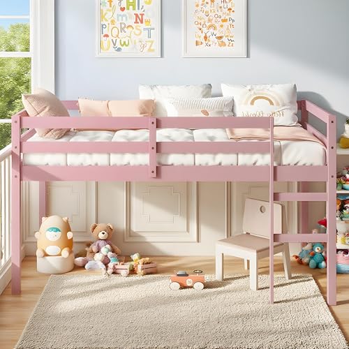Twin Size White Wooden Low Loft Bed with Guardrail and Ladder P4594