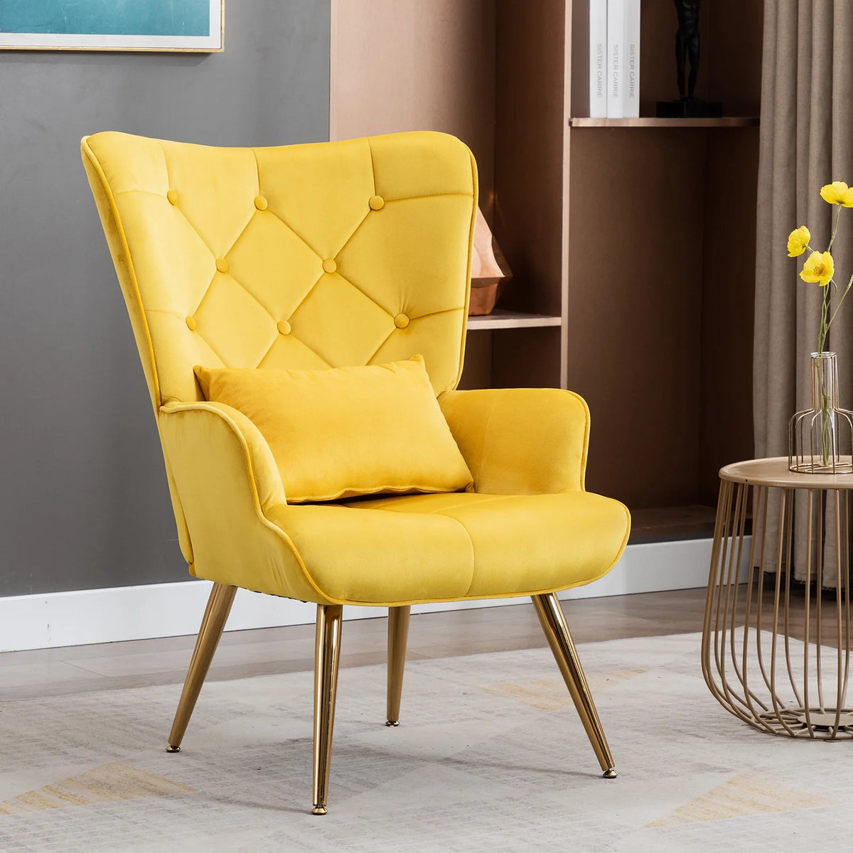 Yellow Velvet Wing Back Accent Chair with Pillow X979728