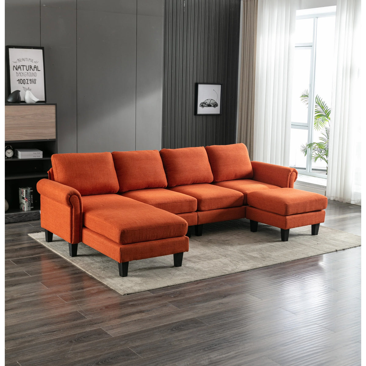 U Shape Convertible Sectional Sofa Set Linen Fabric with Reversible Ottoman Q911