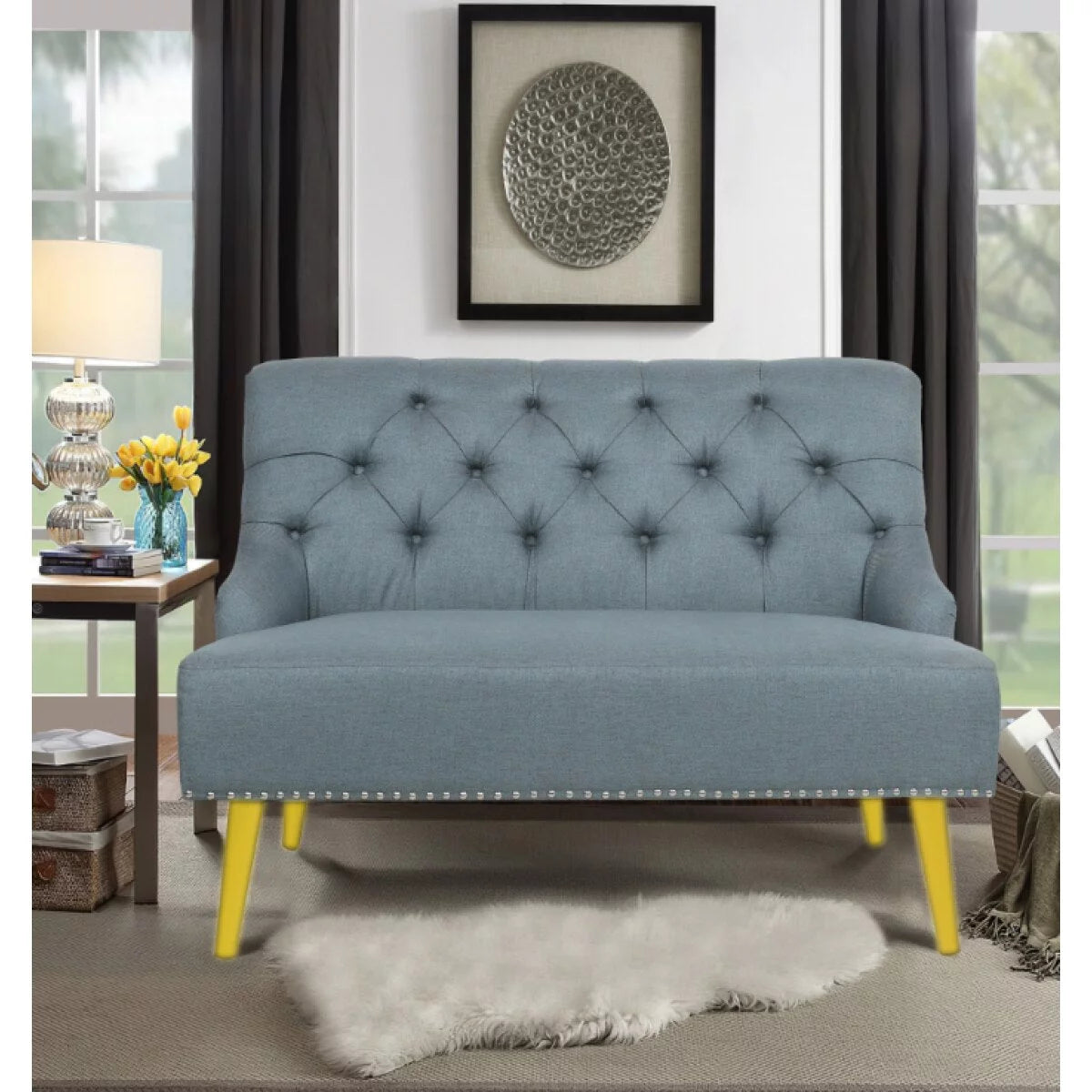 Light Blue Fabric Armless Loveseat X261