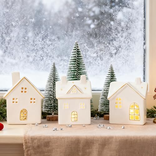 White 3Pcs Ceramic Christmas Village Houses V6993