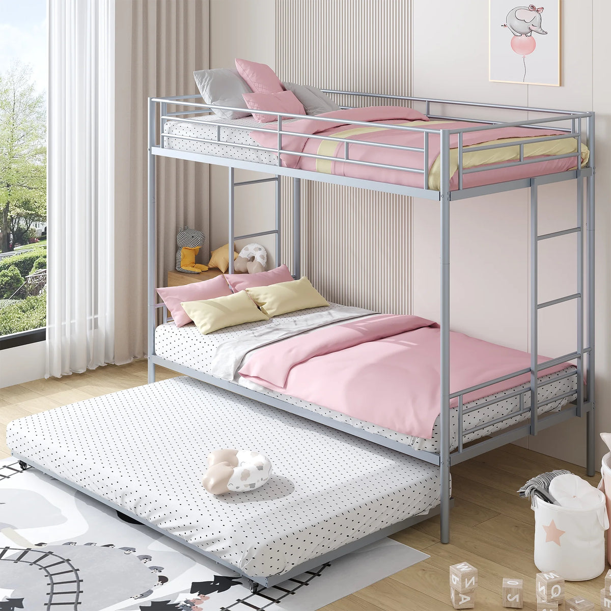 Black Metal Twin Over Twin Bunk Bed with Trundle Q97265