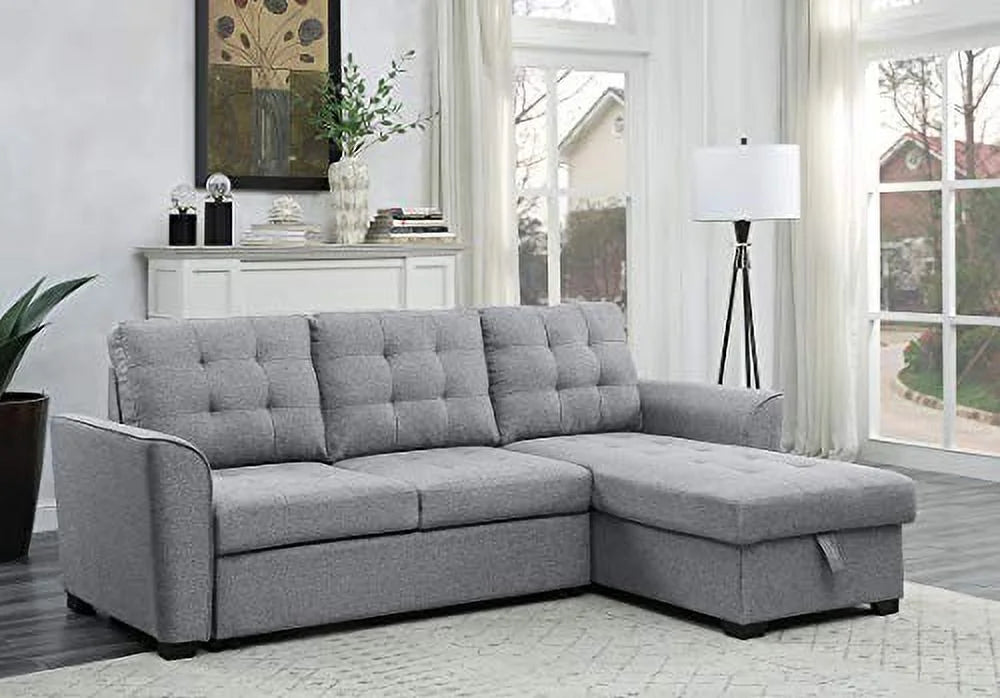 Light Gray Linen Sleeper Sectional Sofa with Storage Chaise Y556931