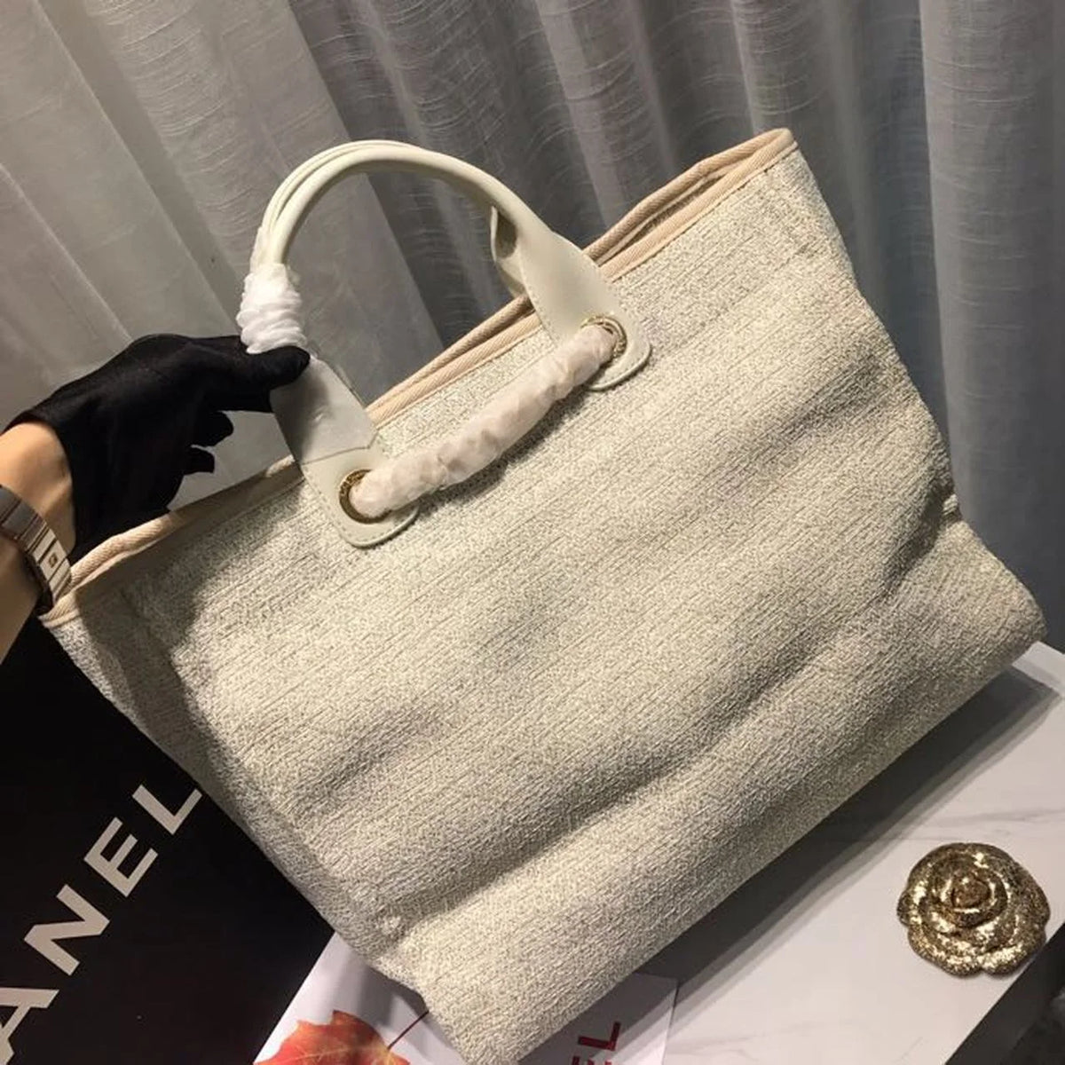 Beige Cream Tweed Canvas Tote Bag G2702
