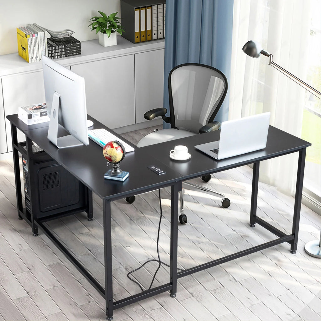 L-Shaped Computer Desk with Power Outlets & Shelf I3620